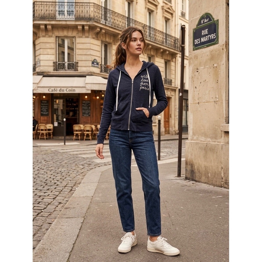 Sundry With Love From Paris Zip Up Hoodie Navy Blue Heathered Size 2 M